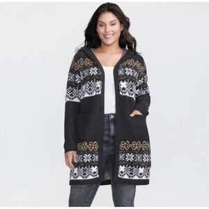 Bloomchic Boho Print Jaquard Hooded Knit Cardigan Size 4XL Open Front Long